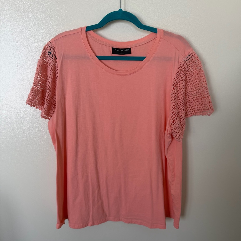 LANE BRYANT Bright Coral Tee with Crochet Sleeves